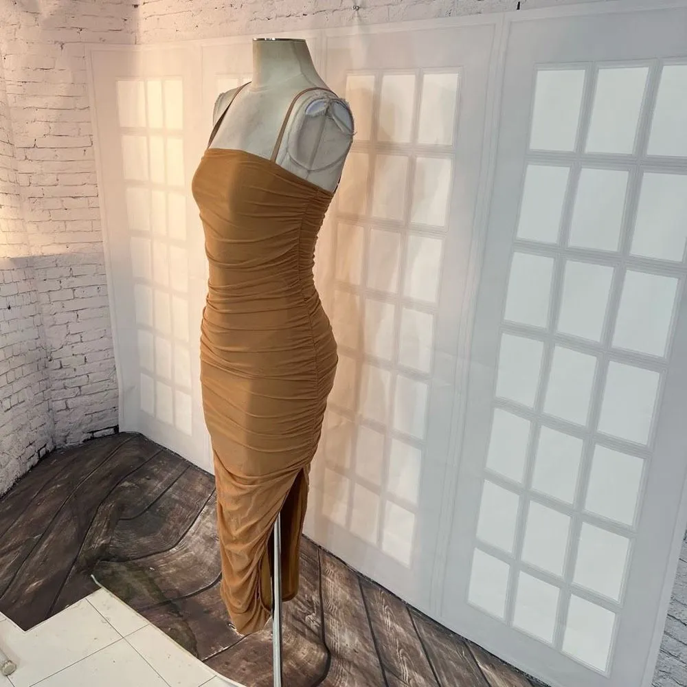 Hot Miami styles tan ruched bodycon midi dress size small - Image 3