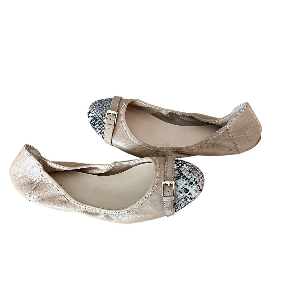 Womens 8.5B Cole Haan Ballet Flats Beige Leather Snake Skin Cap Toe Shoes D41746 - Image 2