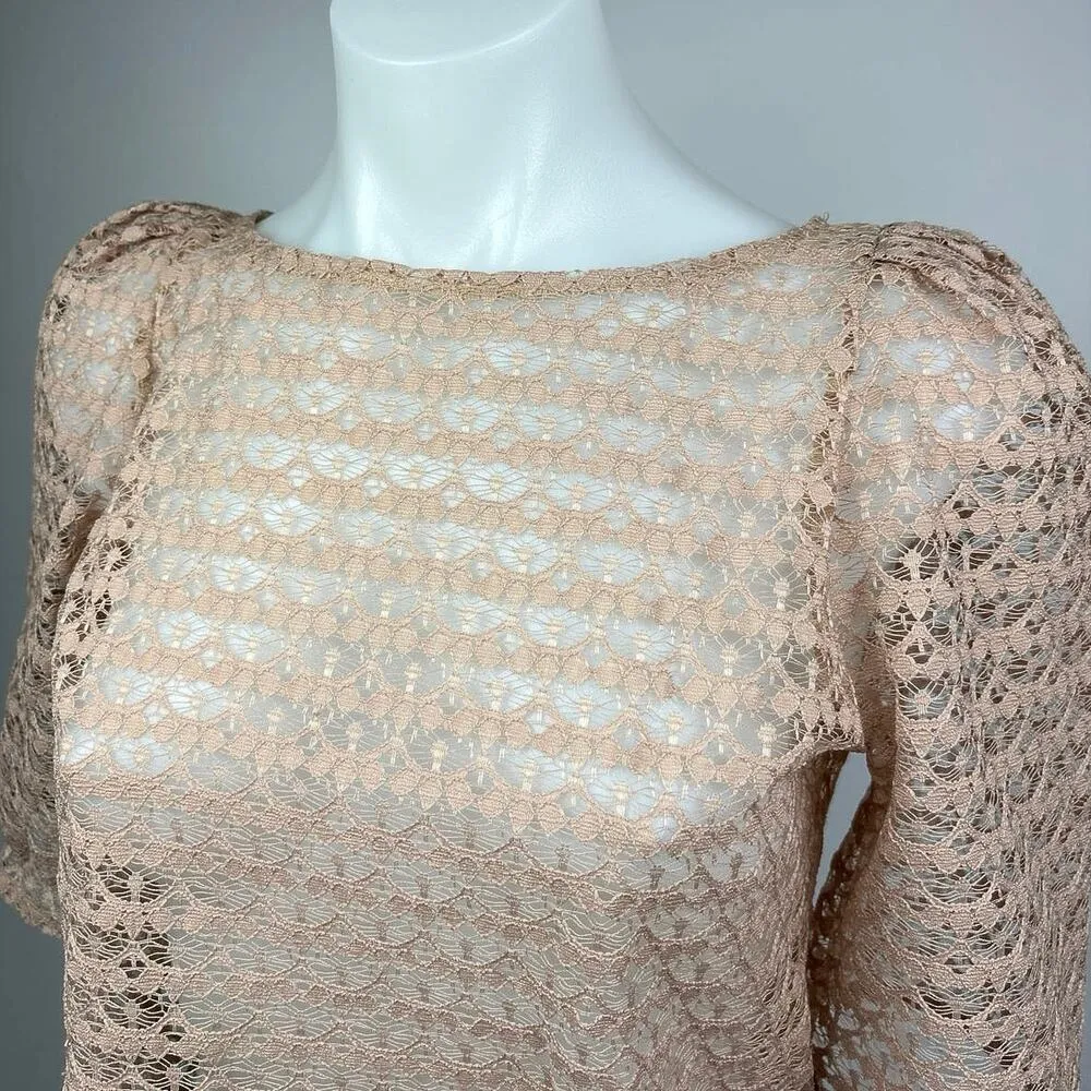 American Apparel Beige Tan Sheer Lace Puff Sleeve Boat Neck Crop Top Blouse XS - Image 4