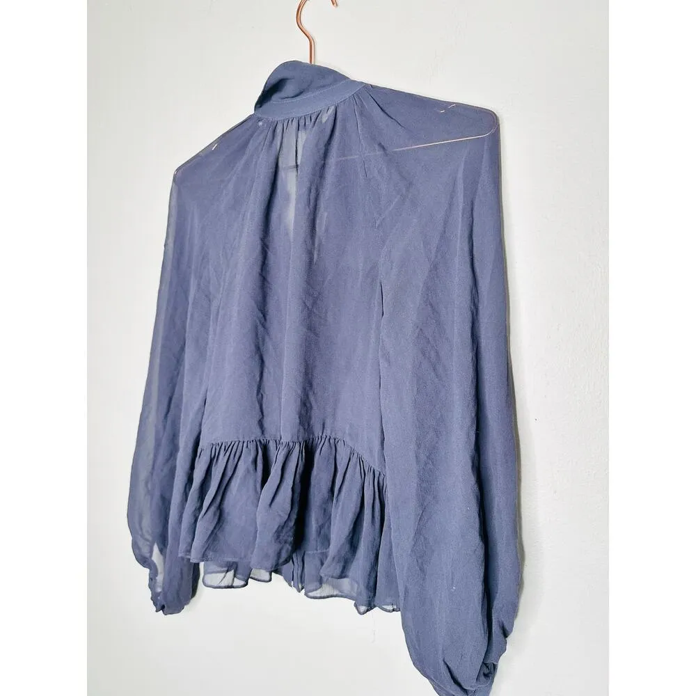 JOIE Navy Ruffle Collared Sheer Button Front Long Sleeves Blouse Top Size Small - Image 7