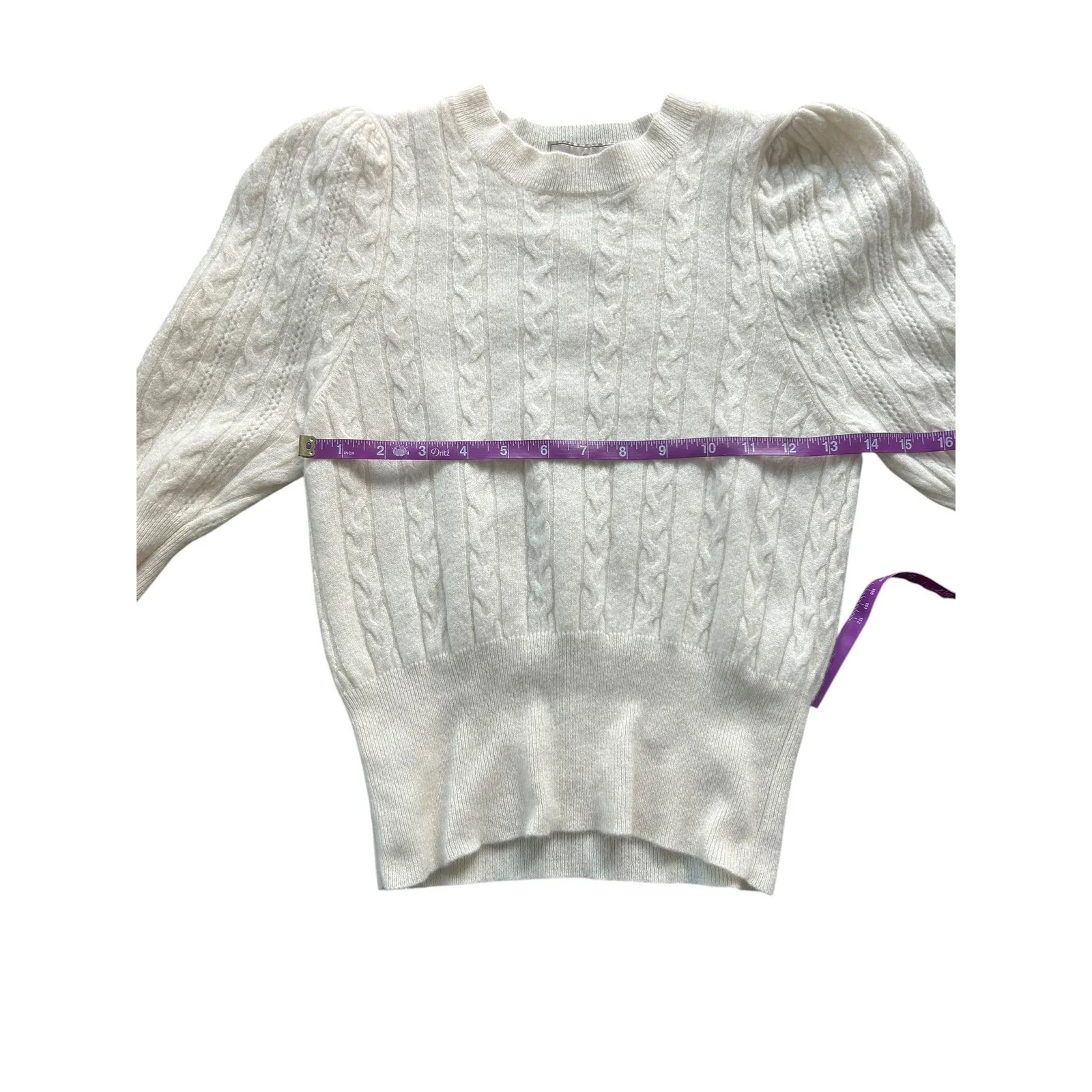 Khan Bogd Mongolian Cashmere Cable Knit Puff Sleeve Sweater Cream Ivory Size S White - Image 4