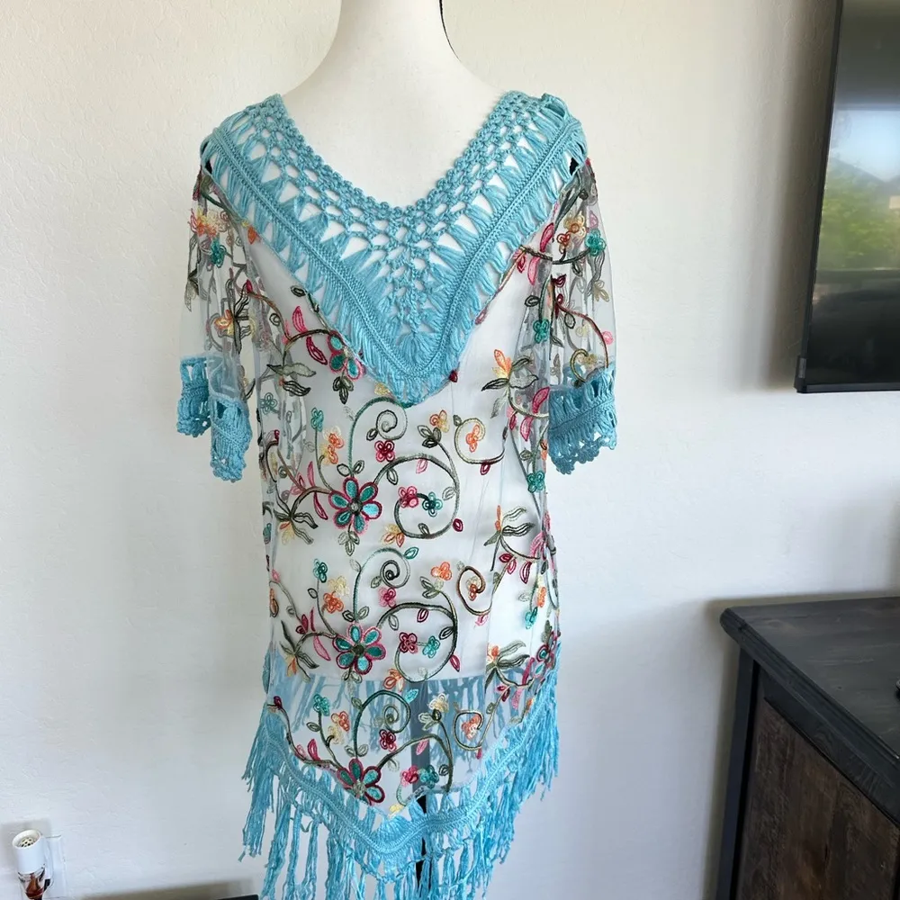 Colorful Embroidered Sheer Tunic with Fringe Blue Size undefined - Image 2