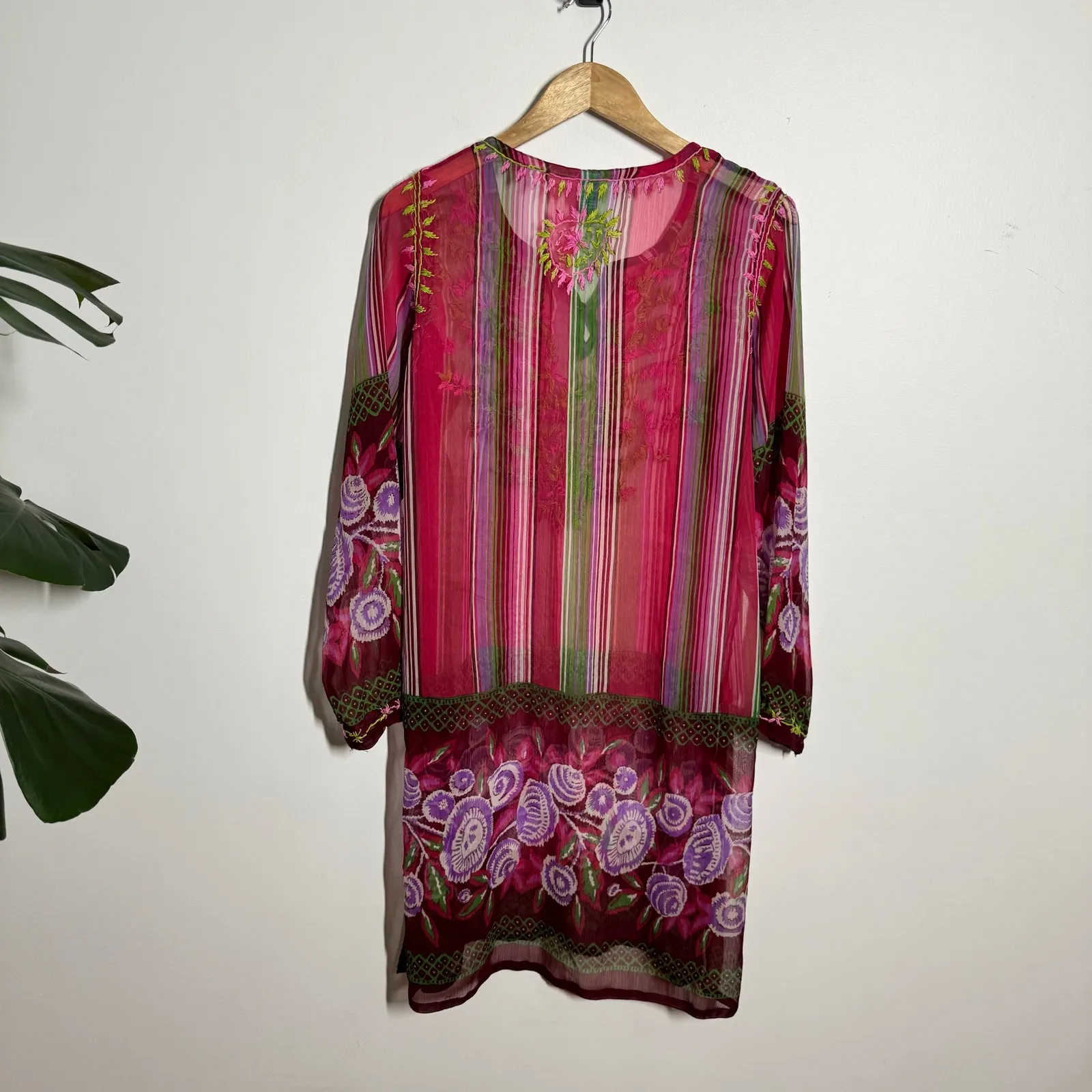 Raj Silk Boho Colorful Sheer Coverup Tunic Dress Women L Pink Green Floral Vacay Size L - Image 5