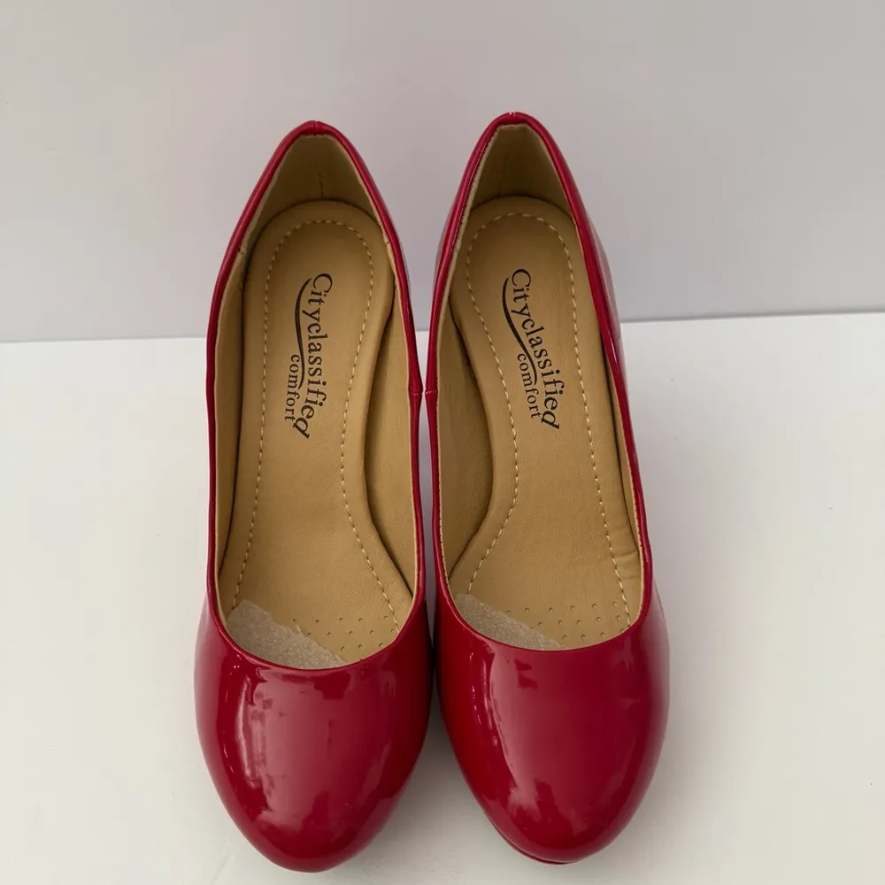 Cityclassified Red Platform Heels Size 7 Cherry Retro High Heel Pumps Glossy New - Image 2