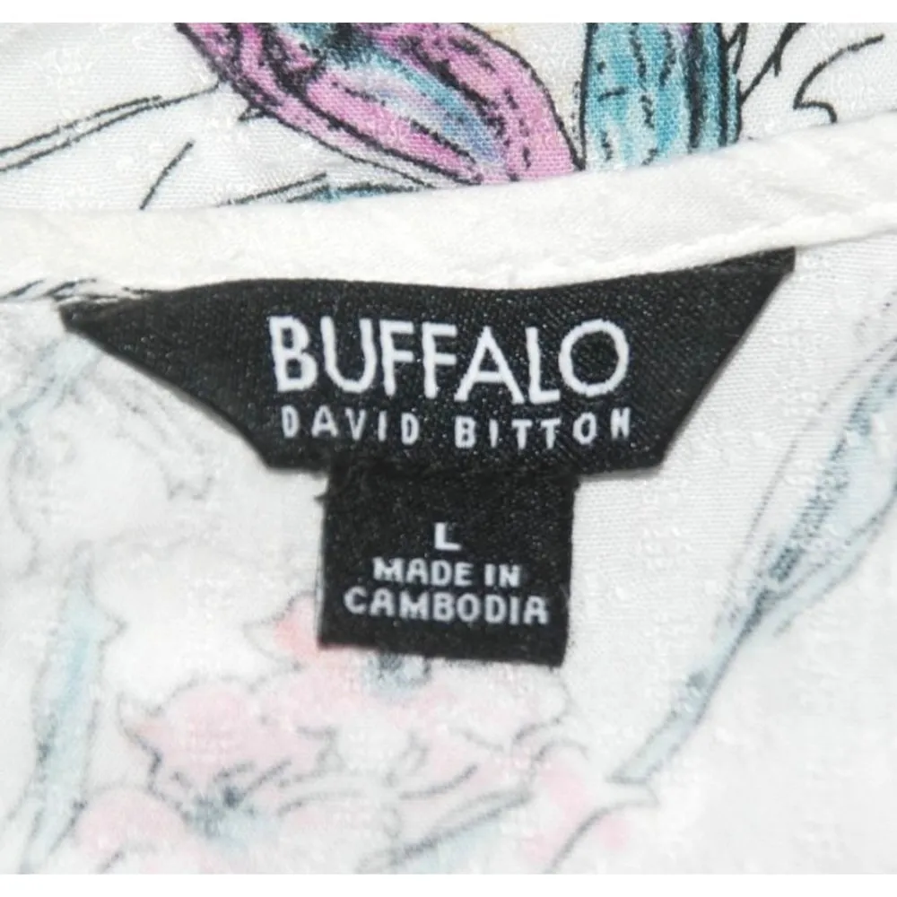 Buffalo David Bitton Ladies White Floral Blouse Size L Tie Up Waist Short Sleeve - Image 10