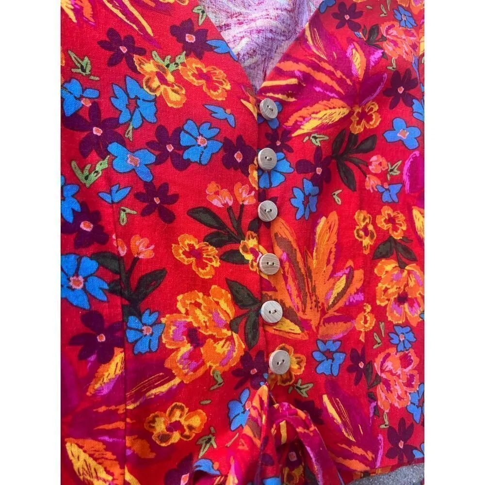 Anthropologie Maison d’ Amelie Red Floral Linen Button Top S, Trouser Pants M Size M - Image 7