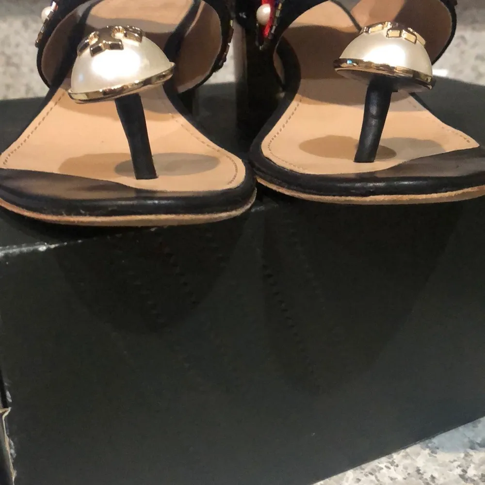 Tory Burch Estella Satin Bejeweled Pearl Block Sandal Sz 5 - Image 11