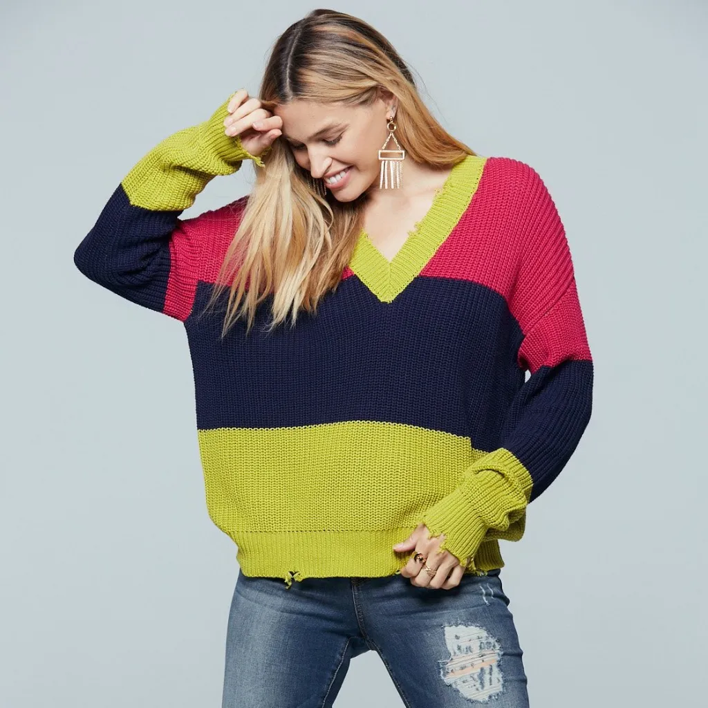 NWT BAND OF GYPSIES Colorblock Distressed Sweater - Image 5