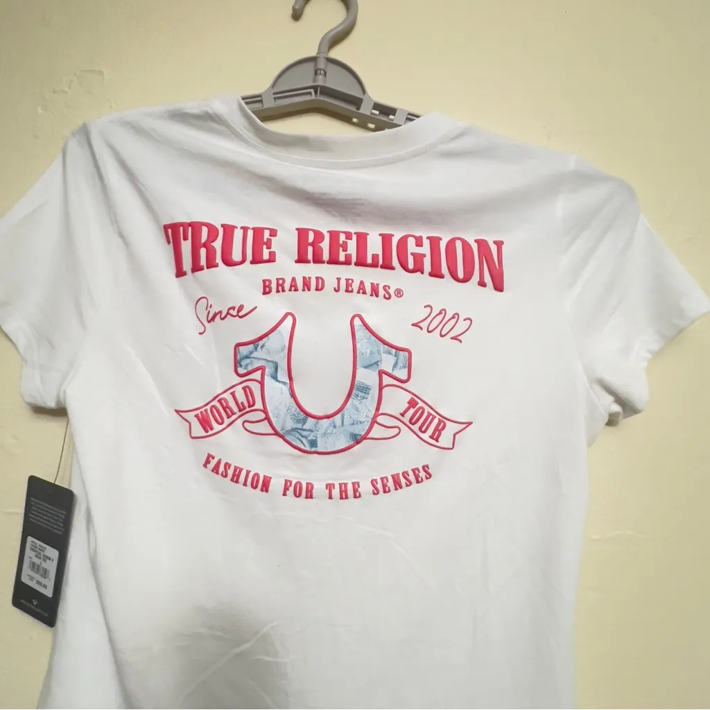 True Religion Women Tropical Denim‎ neck tee Sz large True Logo V Tee white - Image 7