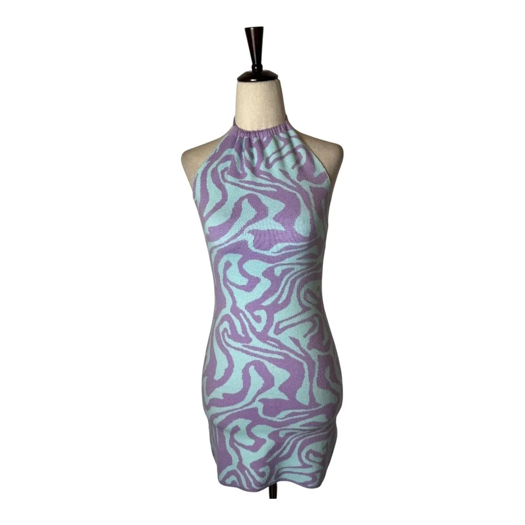Motel‎ Rocks Dress Women XS Purple Jagged Swirl Lavender Riri Knit Halter Mini - Image 2