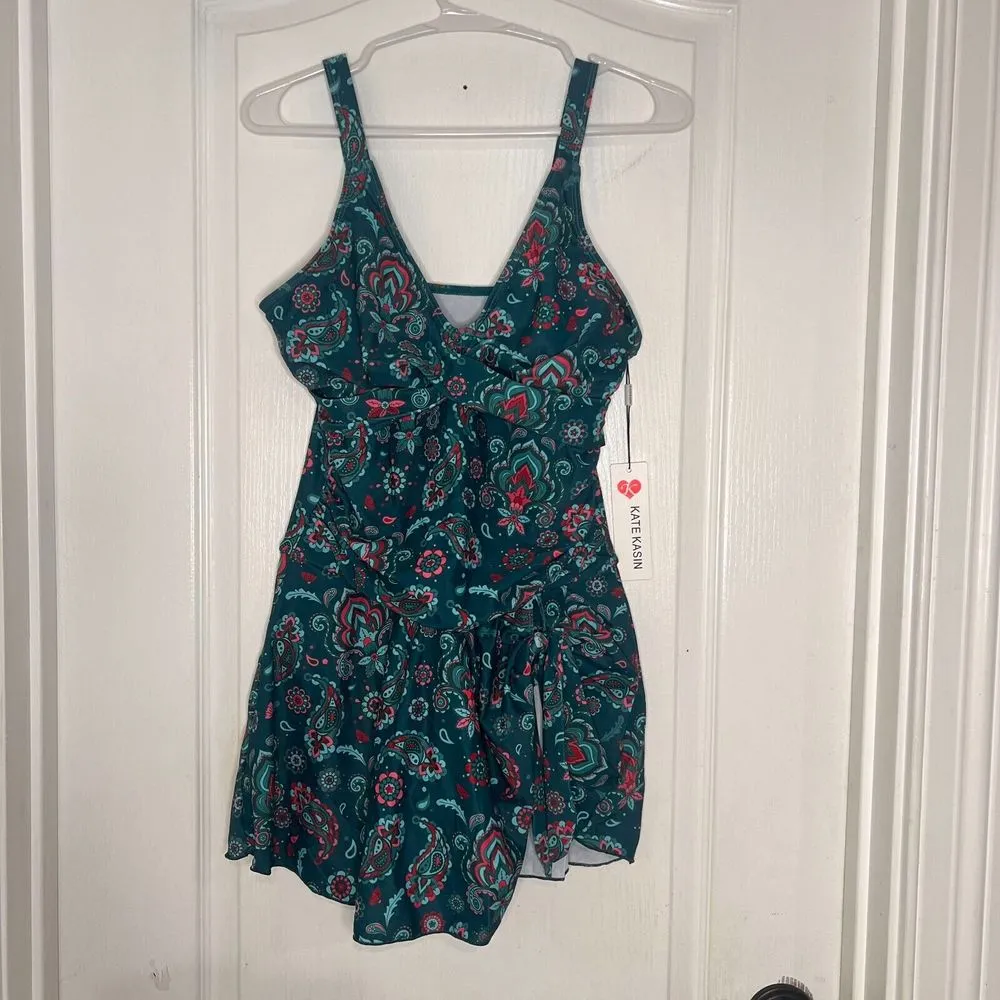 Kate Kasin Womens Swimdress Green Floral V - Image 2