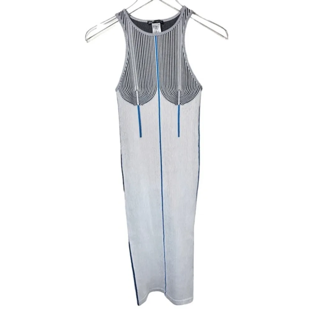 Zara Halter Ribbed Body-Con Nipple Tassel Decor Midi Dress in White/Blue - Image 80