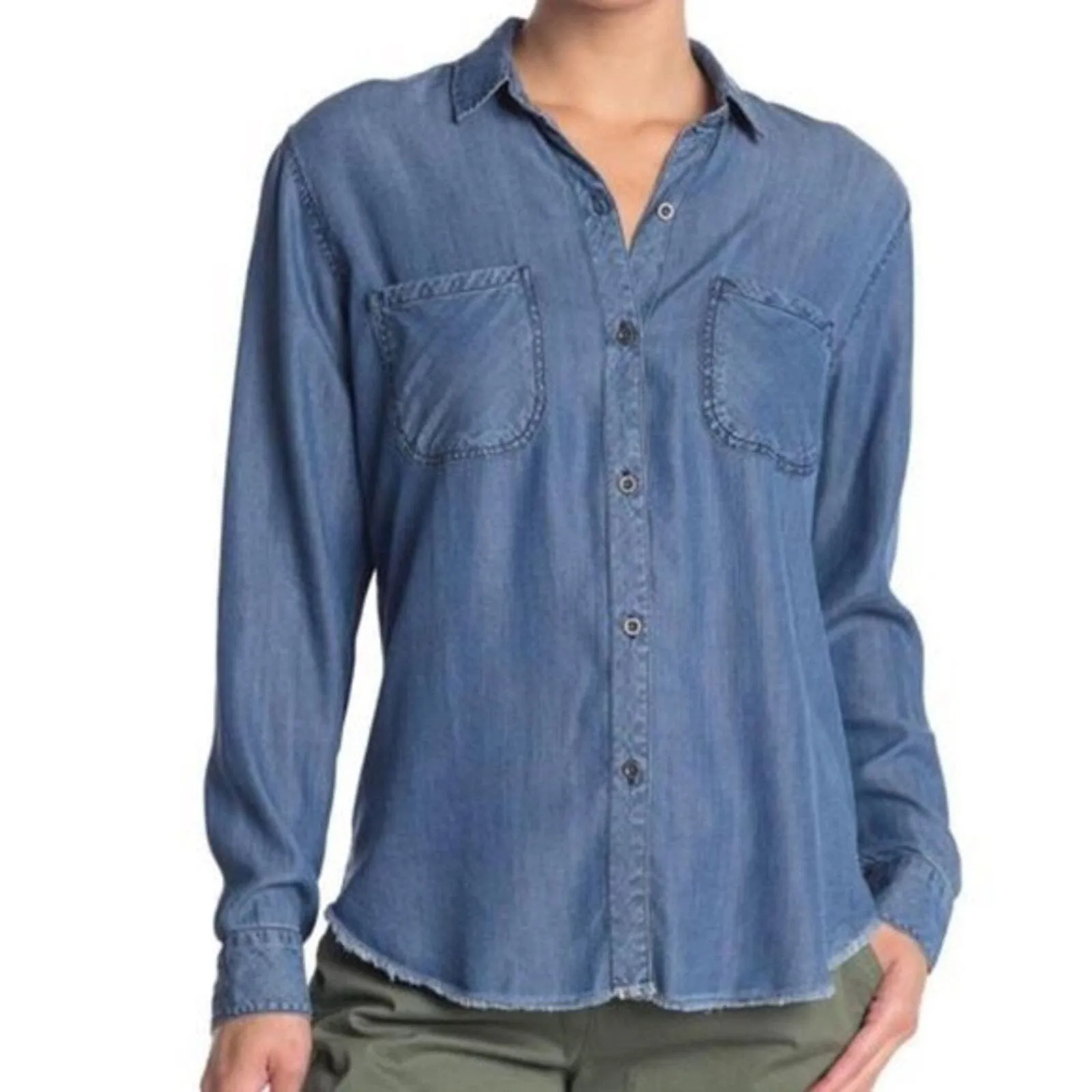 Rails Shirt Womens XS Blue Carter Button Down Dark Vintage Wash Raw Hem Chambray - Image 8