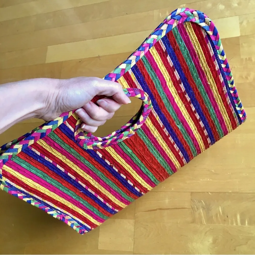 Colorful, Festive, Striped, Straw Open Top Hand Bag Red - Image 15