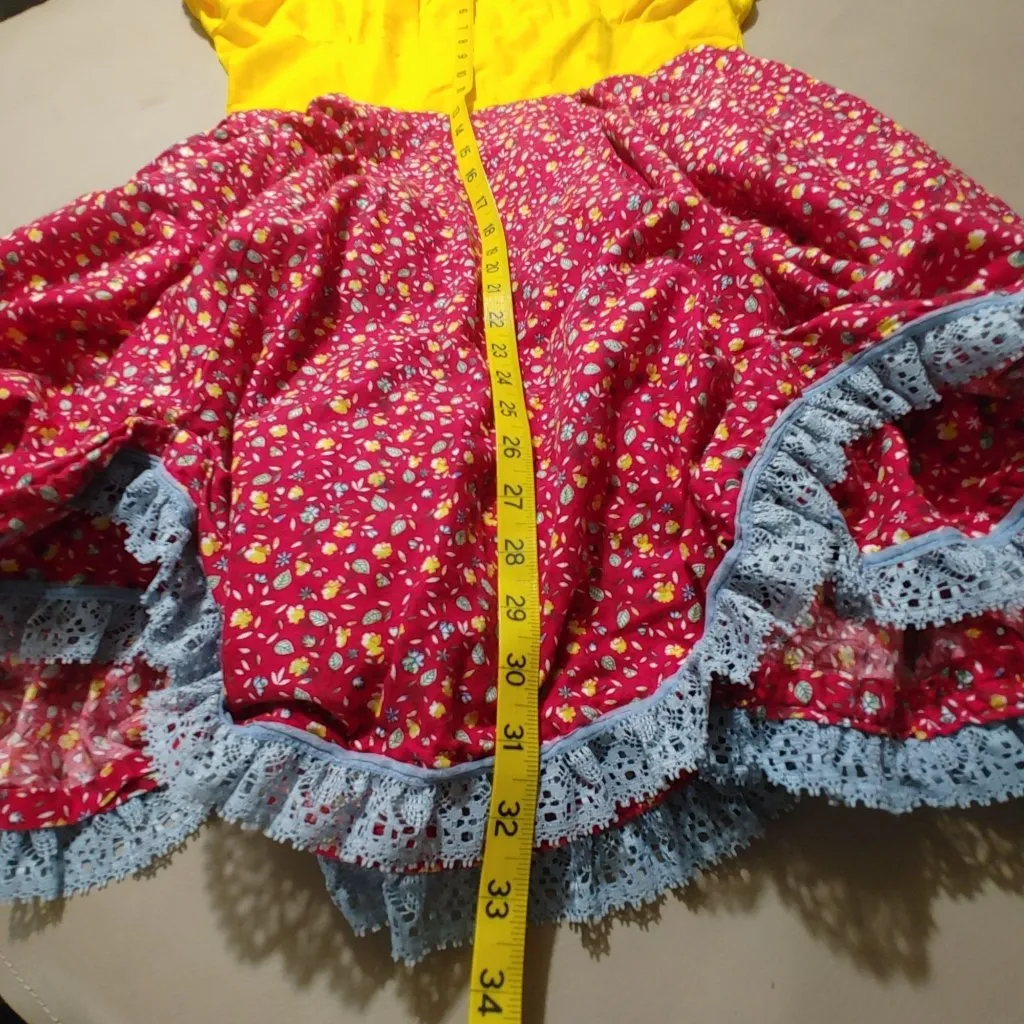 Dress Size ML Square Dance Country Farm Yellow Red Floral Skirt Blue Lace Trim - Image 6