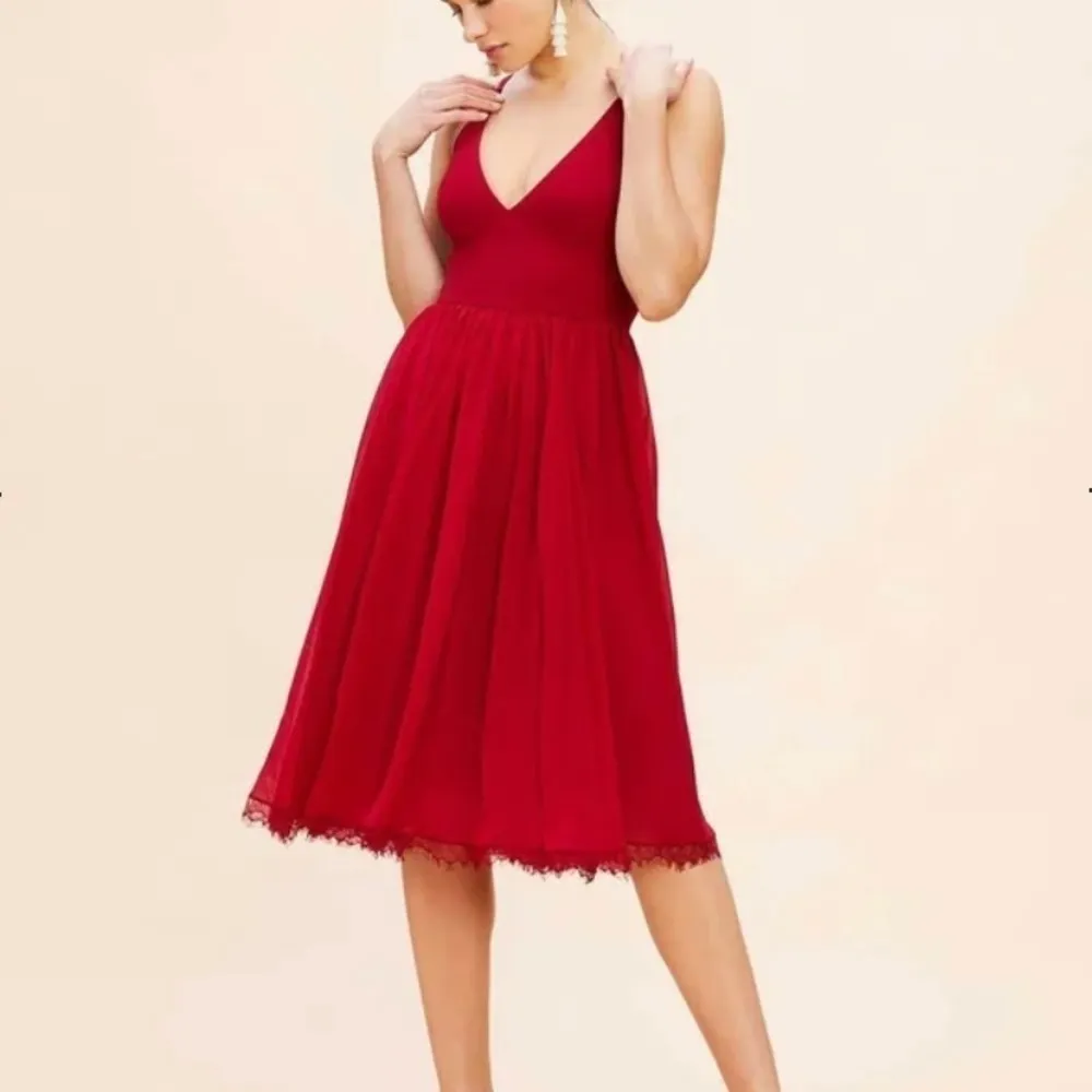 Dress The Population Alicia Chiffon Lace Fit & Flare Midi Dress Garnet M‎ - Image 2
