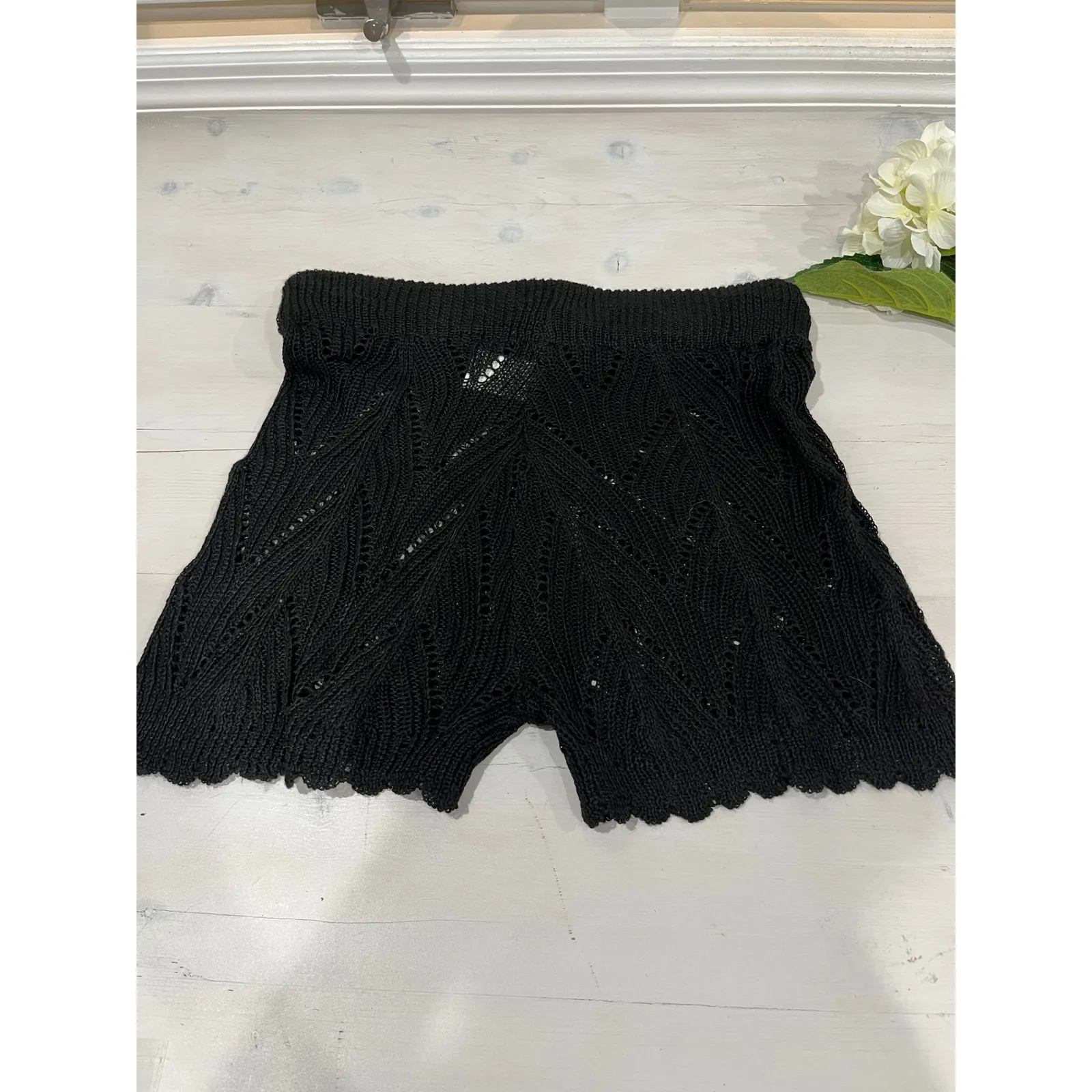 Black‎ Crochet Knit Shorts Drawstring Waist Summer Beach Cover Up Women's Black Size L - Image 7