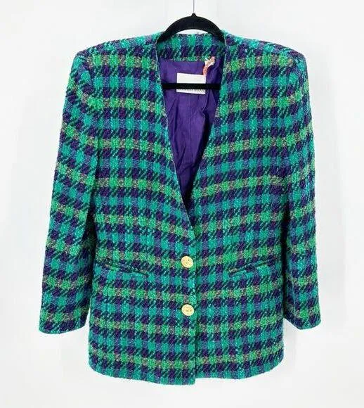 Dana Buchman vintage plaid wool double breasted gold buttons tweed size 8 - Image 1