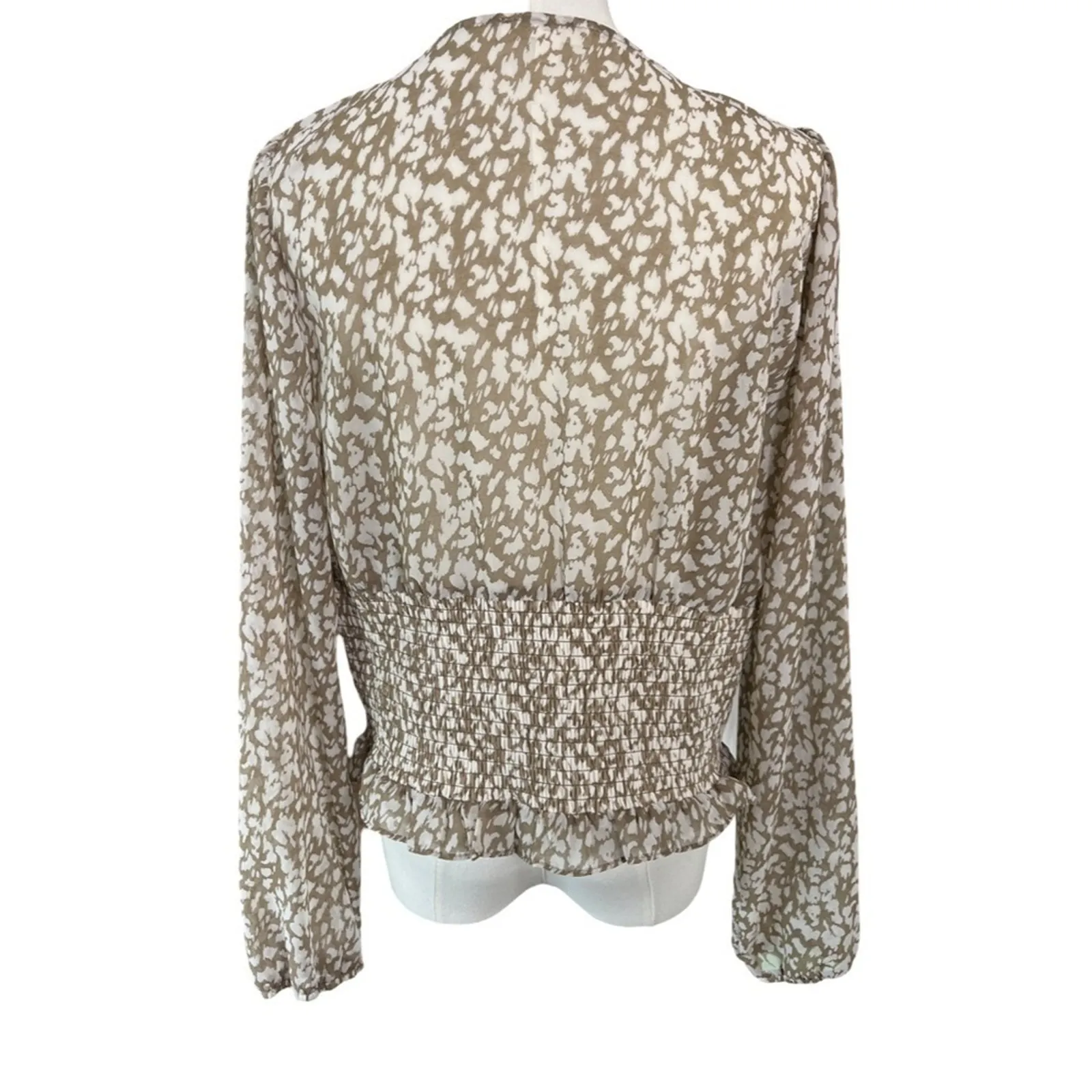 Nine Britton Cream Tan Pattern Feminine Smocked Sheer Blouse Size L Long Sleeve - Image 6