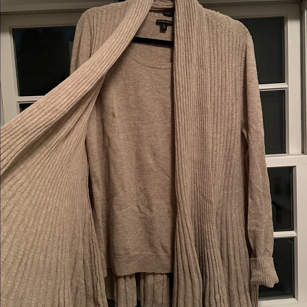 Lafayette 148 New York XL twin set 2 piece tank and open Ribbed Tan Cardigan - Image 2