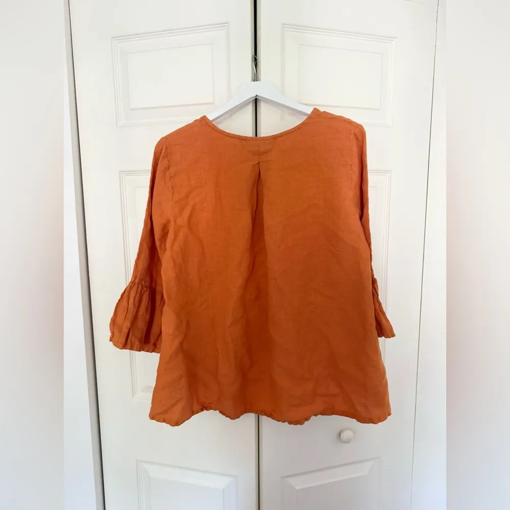 Bryn Walker 100% Linen Fran Bell Sleeve Lagenlook Top Orange Mango Size Small - Image 9