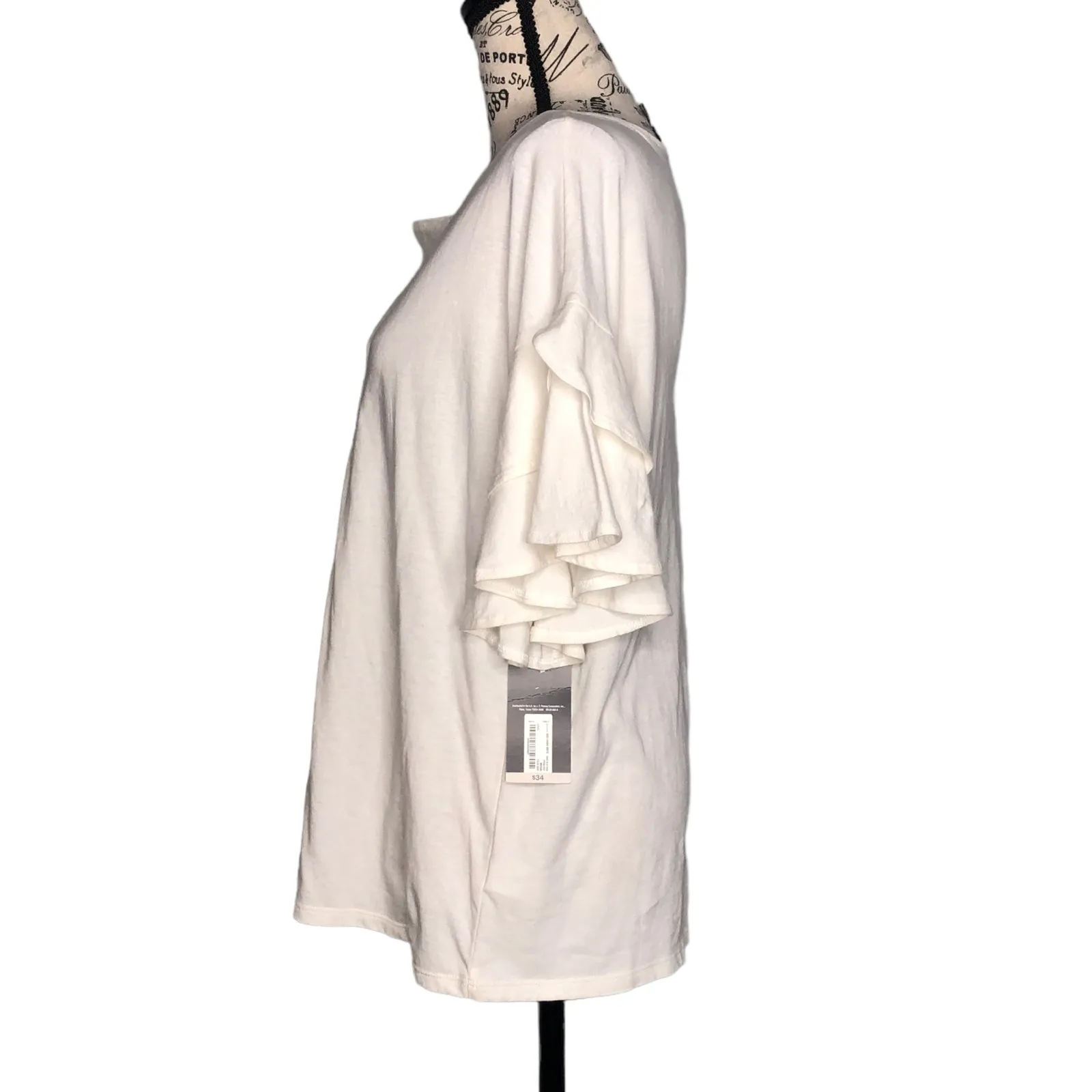 Worthington (M) Ruffle Short Bell Sleeve Split V Neck Blouse Tee Top Placket - Image 3