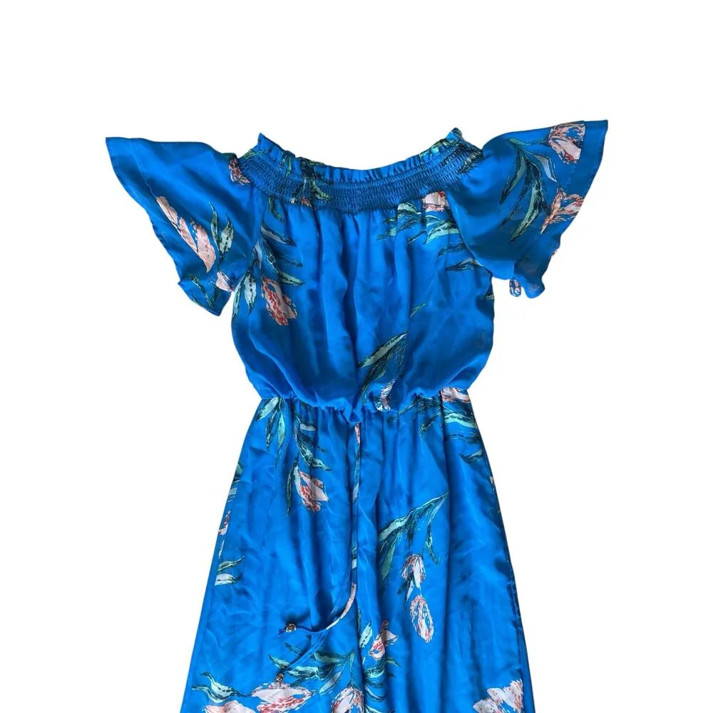 Jodi Kristopher Blue Floral Maxi Dress M Off Shoulder Flutter Sleeve Boho Summer - Image 3