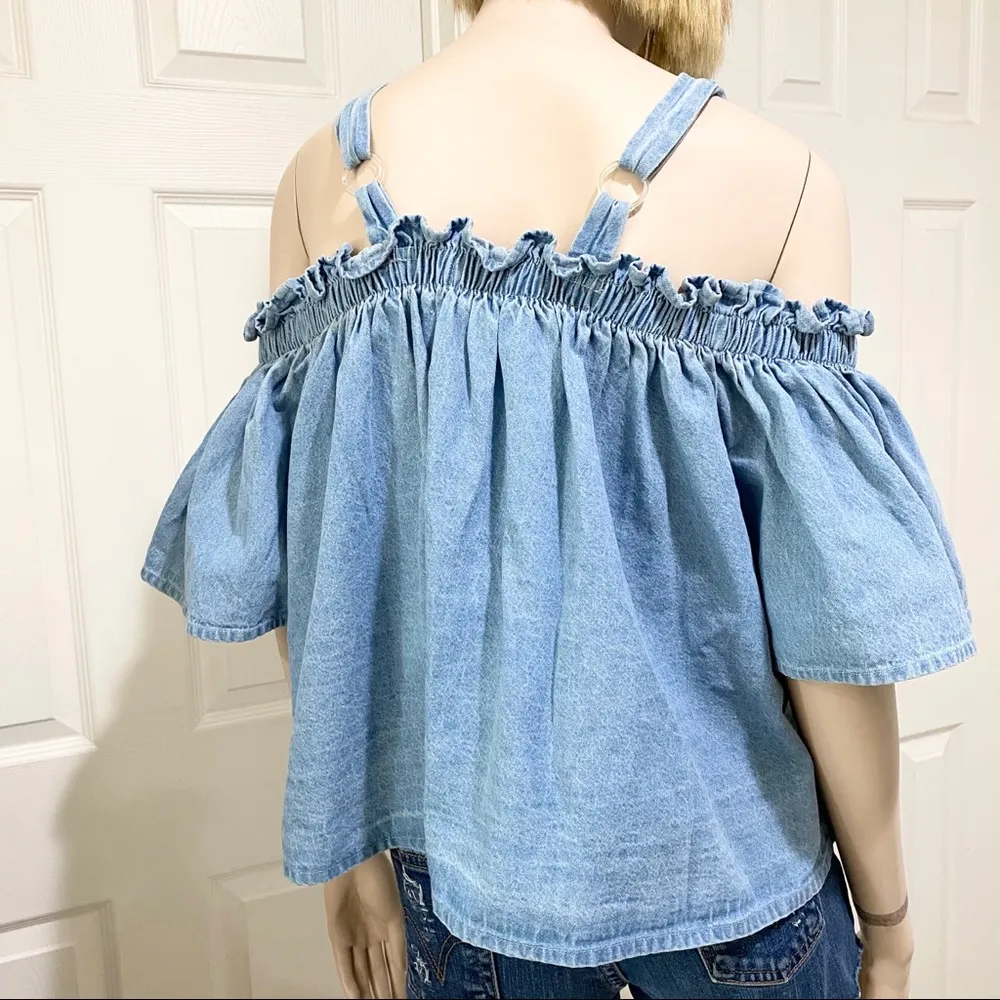 FTF Off Shoulder Cold Shoulder Denim Blouse - Image 2