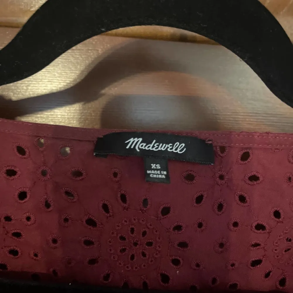 Madewell Wine Red Eyelet Lace Visit Ruffle Pompom Trim Top Blouse - Image 4