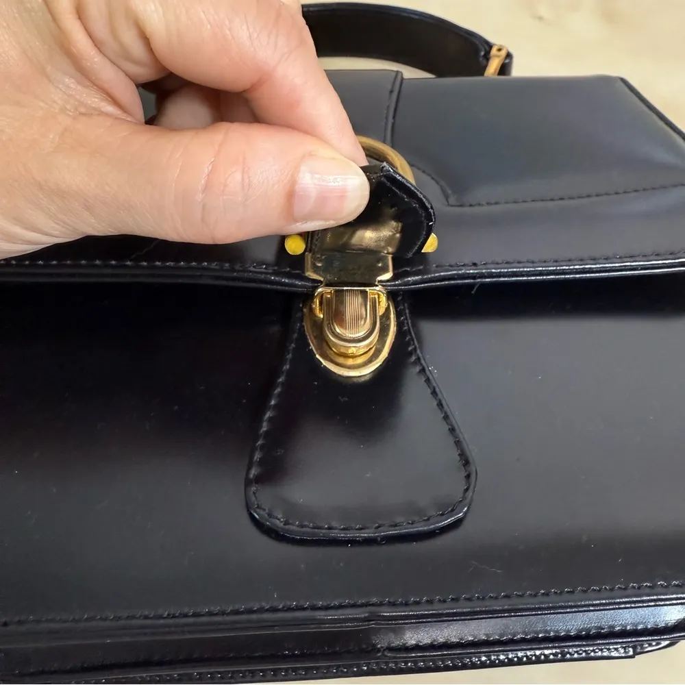 Vintage Dofan Paris Leather Handbag Black Gold Buckle Structured Top Handle - Image 11