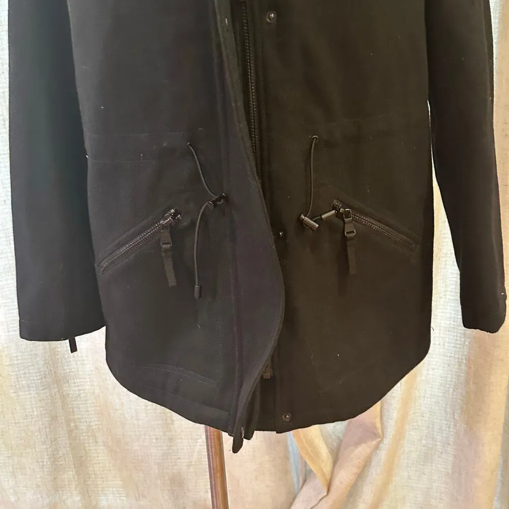 Calvin Klein Black Winter Coat sz L Hooded Coat Wool Coat Faux Fur Trim - Image 11