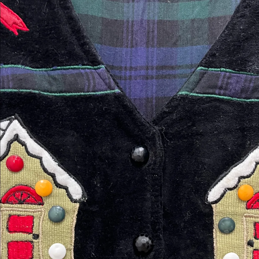 Velvet Black Vest with Holiday Gingerbread House Design - Image 4