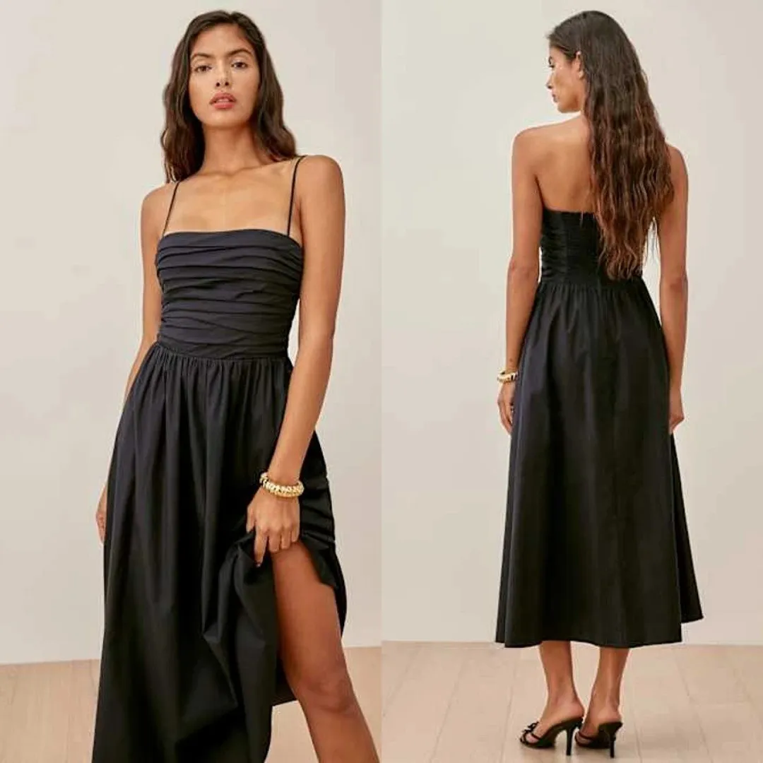 Reformation‎ | Lissa Organic Cotton Bodice Strapless Midi Dress w/ Pockets Black - Image 2