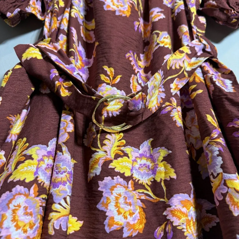 MINKPINK Giselle Belted Floral Mini Dress Women's Large Brown Puff Sleeve NWT - Image 10