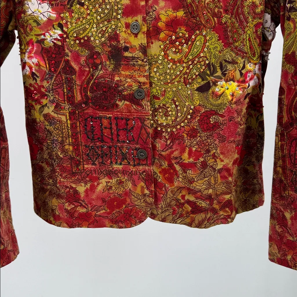Candy Couture Red Paisley Women's Blouse S cotton sequin beaded colorful LS - Image 7