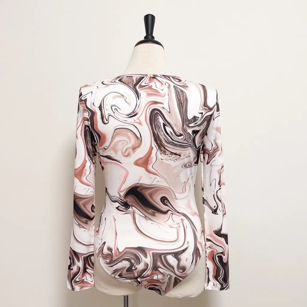 Shein Marble Swirl Keyhole Long Sleeve Bodysuit Large Pink Ivory Mauve Brown - Image 5