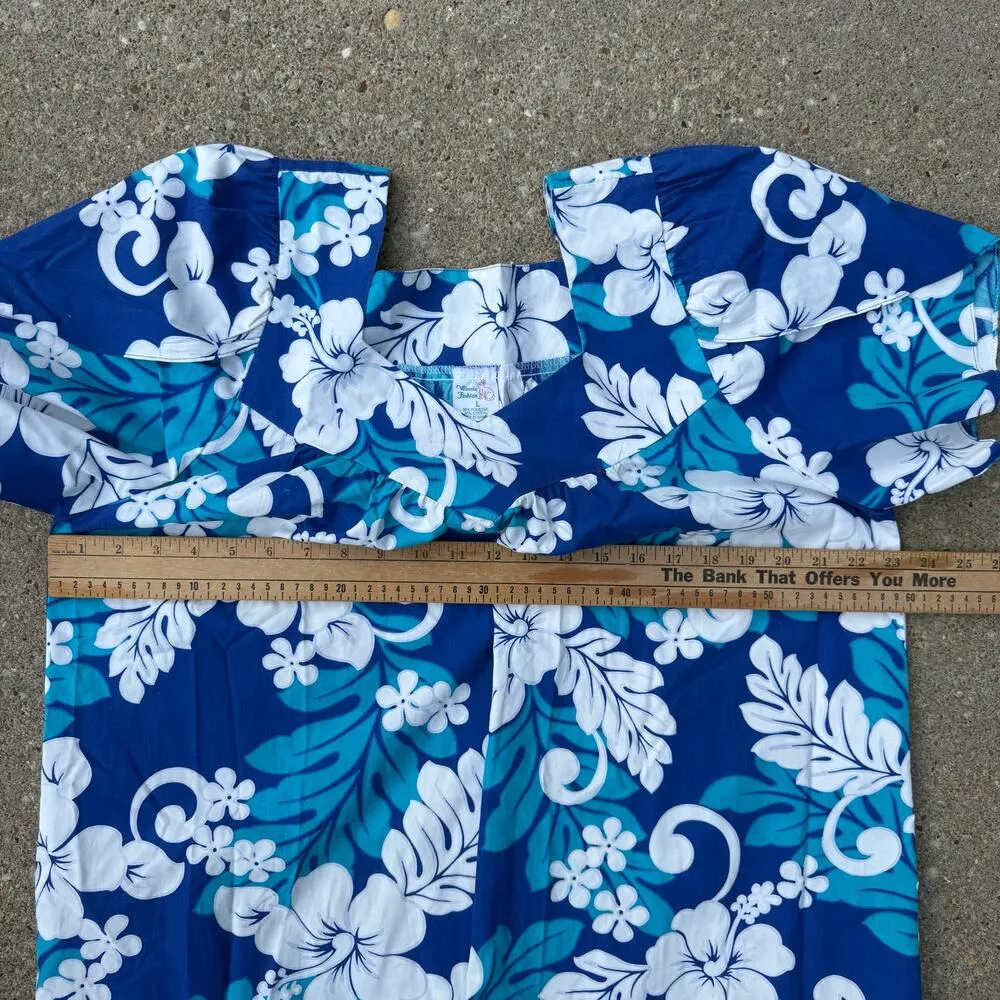 VTG Winnie Fashion Hawaiian Blue Tropical Floral Ruffle Hem Tulip Sleeve Dress L Size L - Image 8