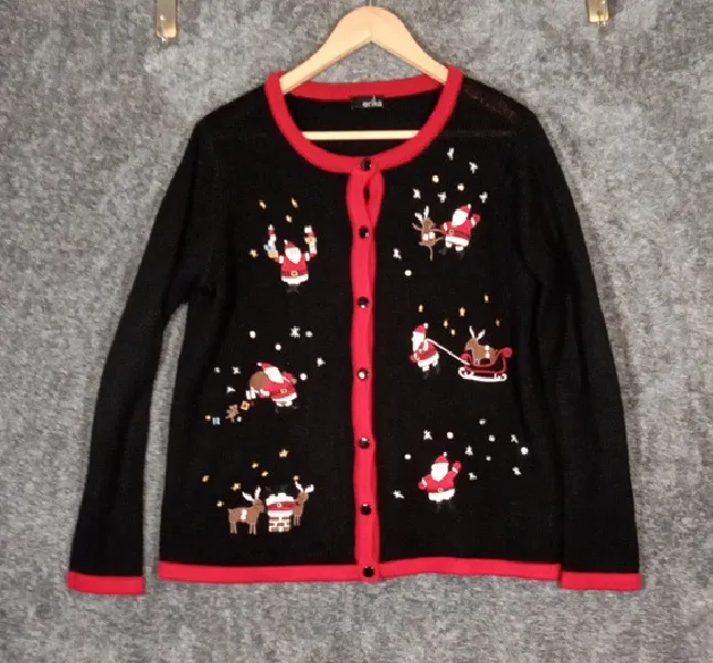 Erika Black Christmas Holiday Natti Style Cardigan Button Up Womens Medium - Image 1