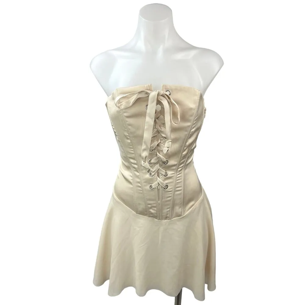 Tic Toc Cream Gold Strapless Lace Up Party Night Club Corset Mini A-line Dress M - Image 2