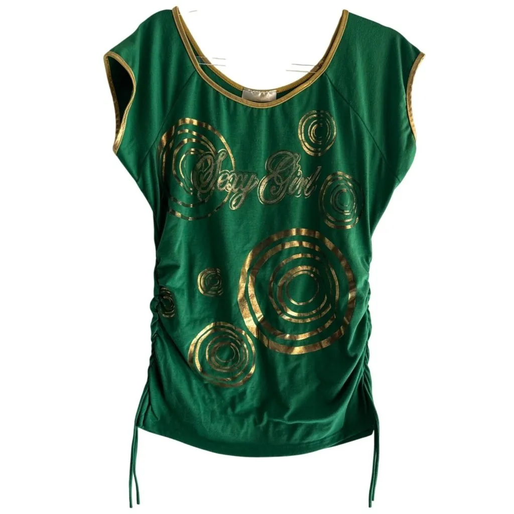 Unbranded Size Large Sexy Girl Top Gold Swirl Design Side Drawstrings Green - Image 3