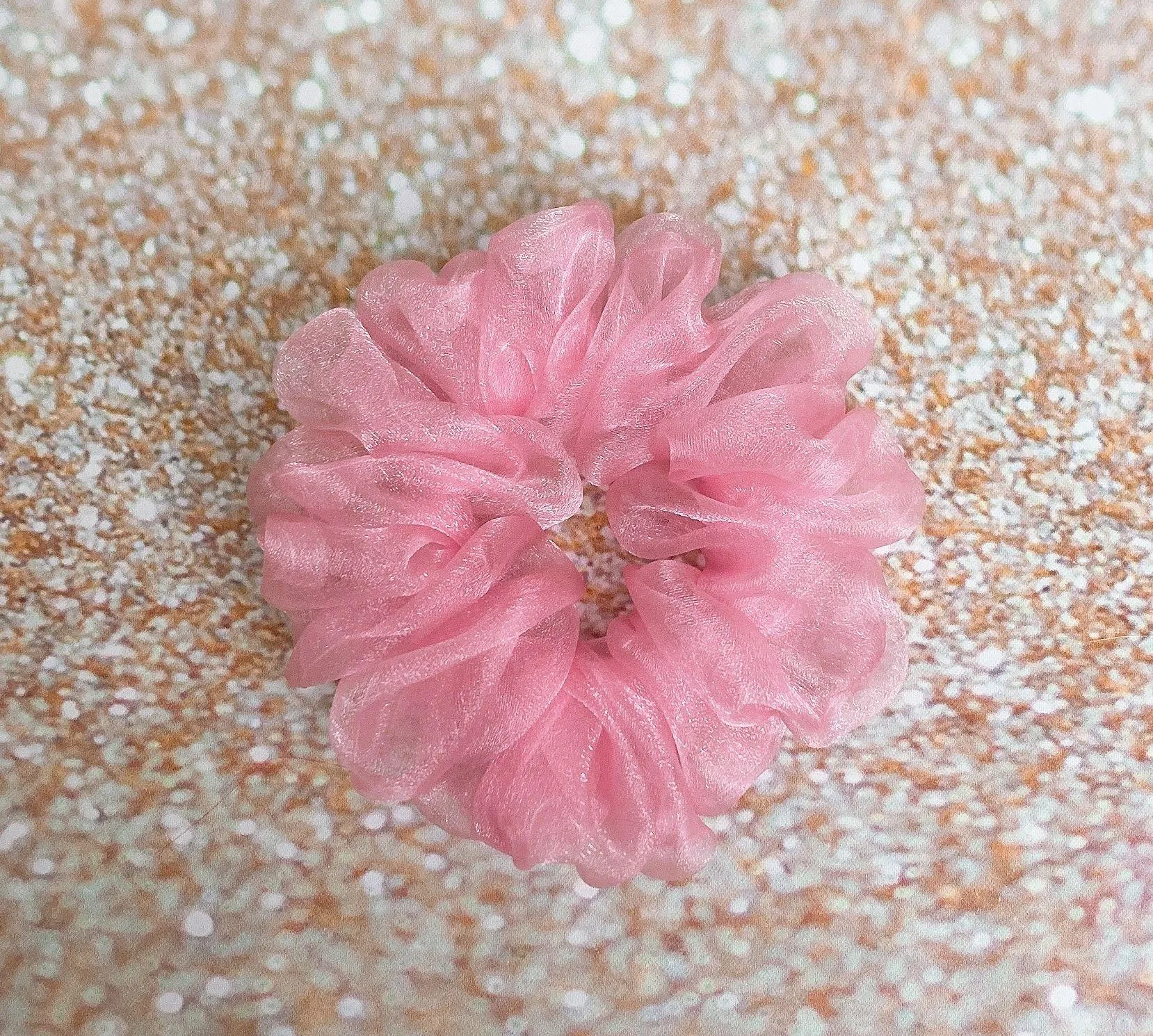 Rose Pink Crystal Organza Scrunchie Hair Ties - Image 2