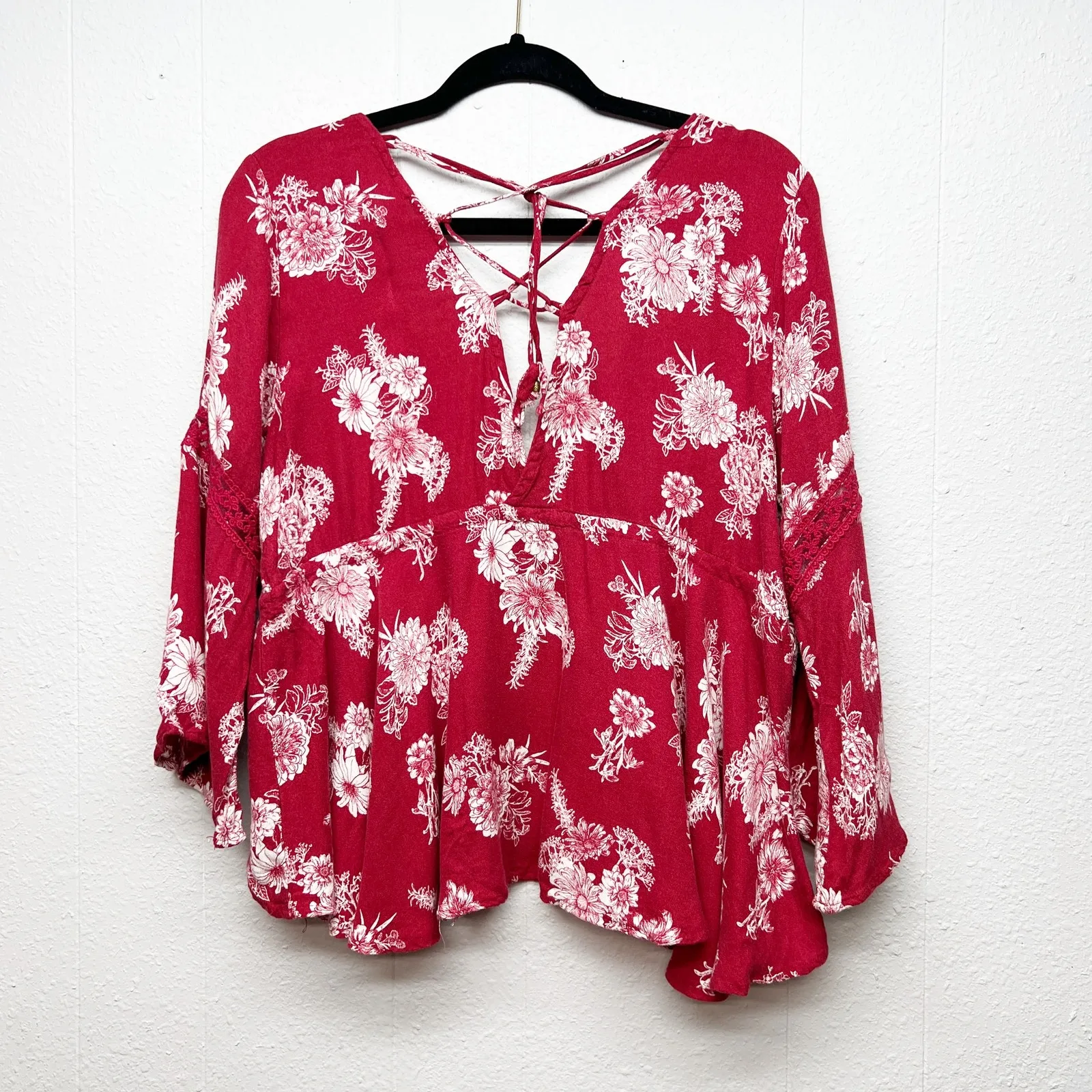 American Rag Floral Red Babydoll Top Womens Large Y2K Grunge Cottagecore Preppy - Image 6