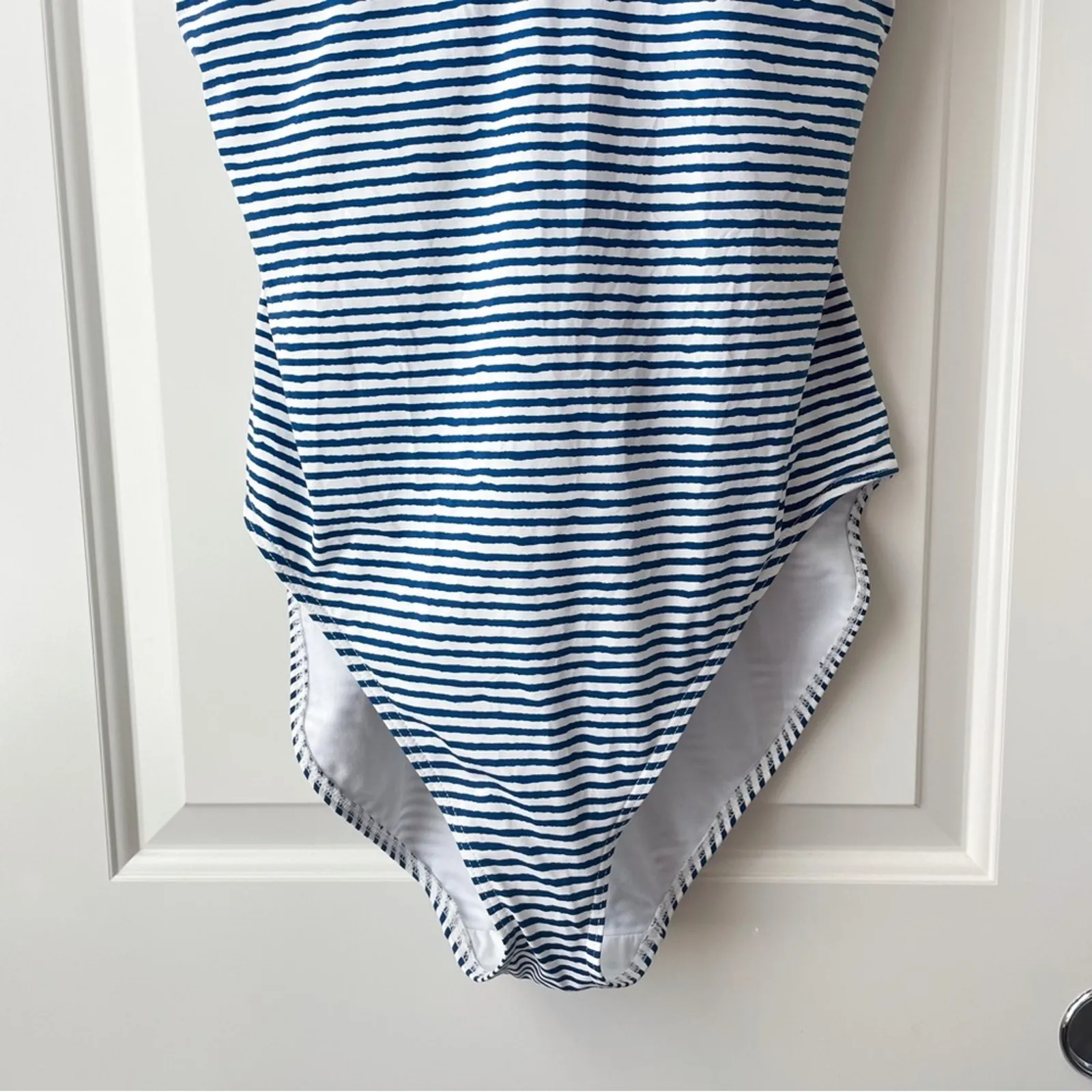 Lauren Ralph Lauren Swimsuit One Piece Stripe Lace Up Back White Navy Gold 16 - Image 4