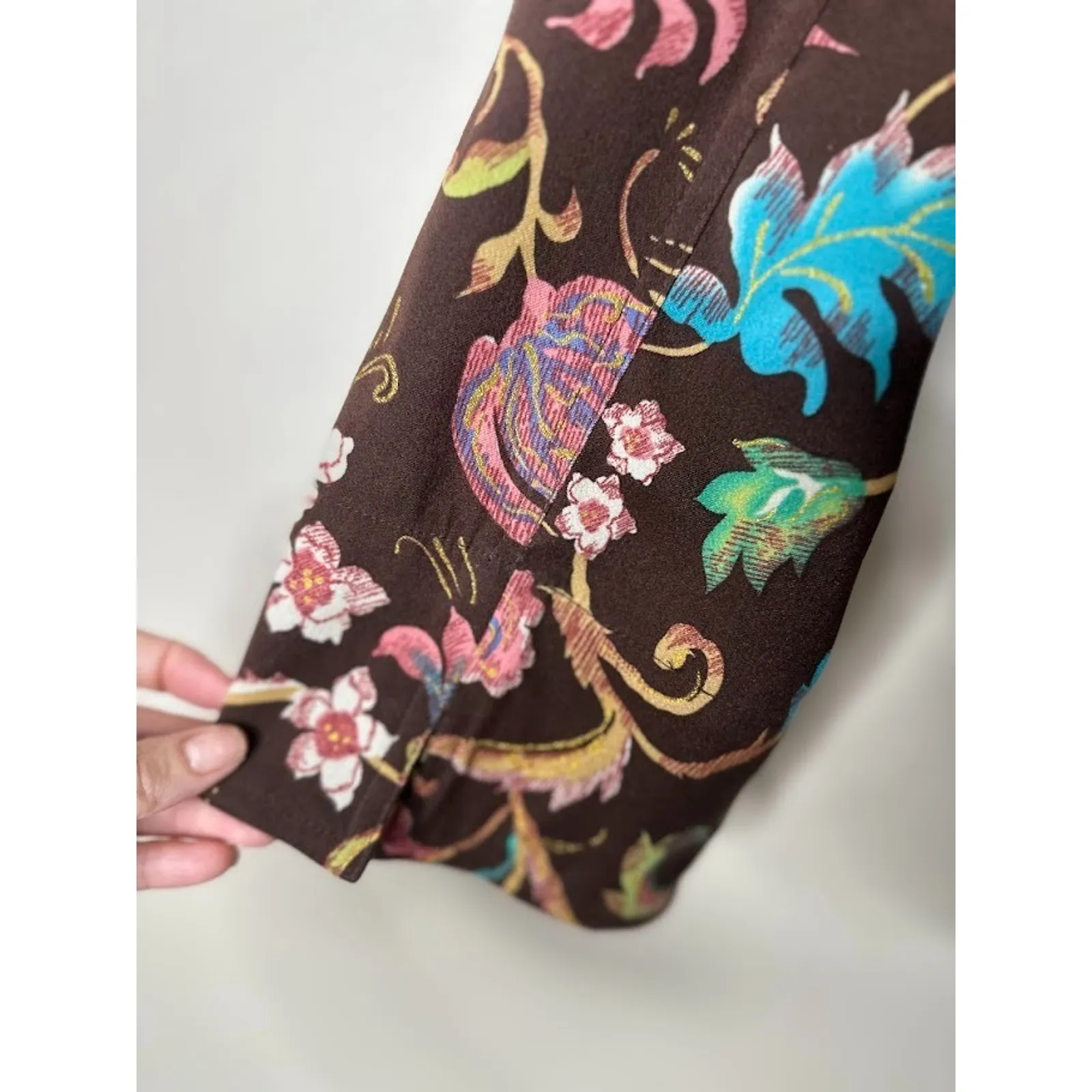 SUSAN GRAVER Top Jacket 2X Button Brown Floral Fall Boho Feminine 3/4 Sleeve - Image 4