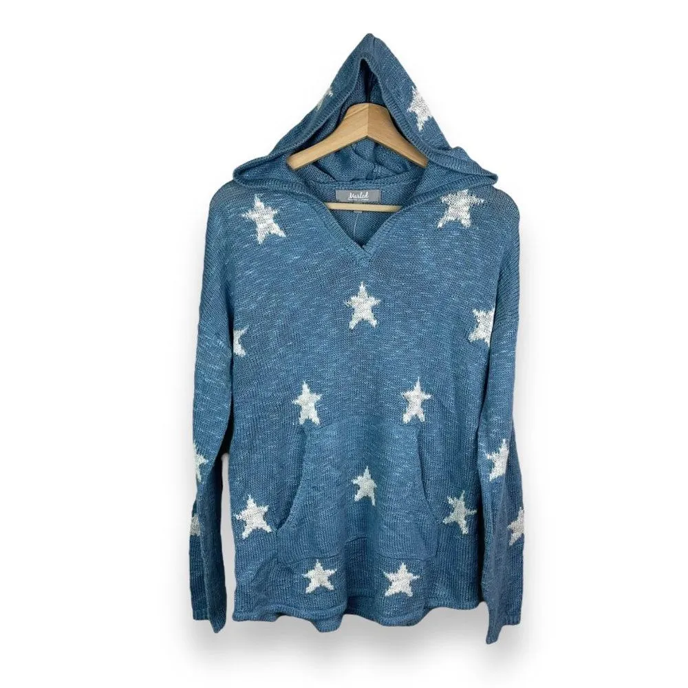 🆕 Marled Reunited Star Print Intarsia Knit Hooded Sweater Blue Size M - Image 3