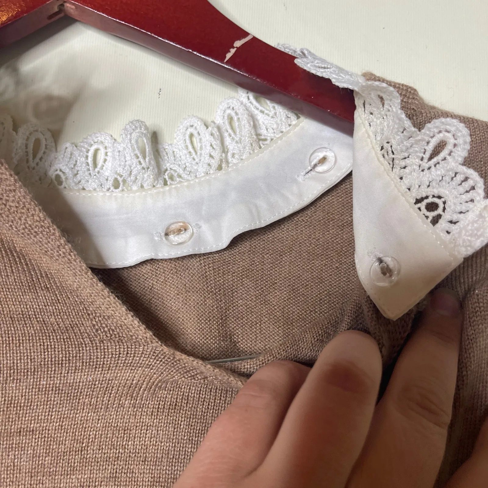 Sezane Eduardo camel latte merino wool jumper white lace collar XS - Image 10