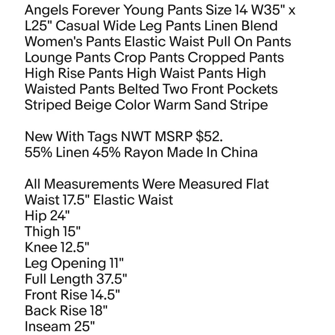 Angels Forever Young Pants Size 14 W35" x L25" Casual Wide Leg Pants Linen Blend  - Image 2