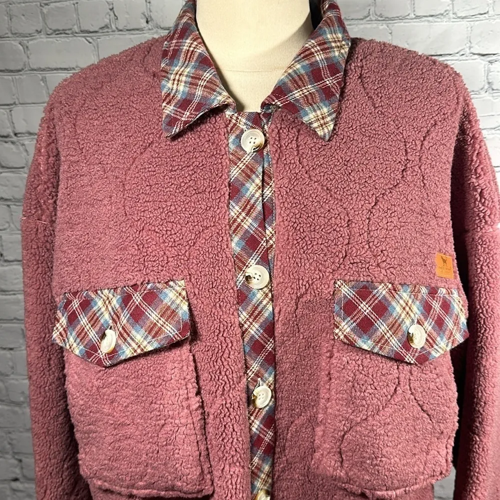 Simply Southern Sherpa Quilted And Plaid Rose Jacket Shacket size Large NEW - Image 14