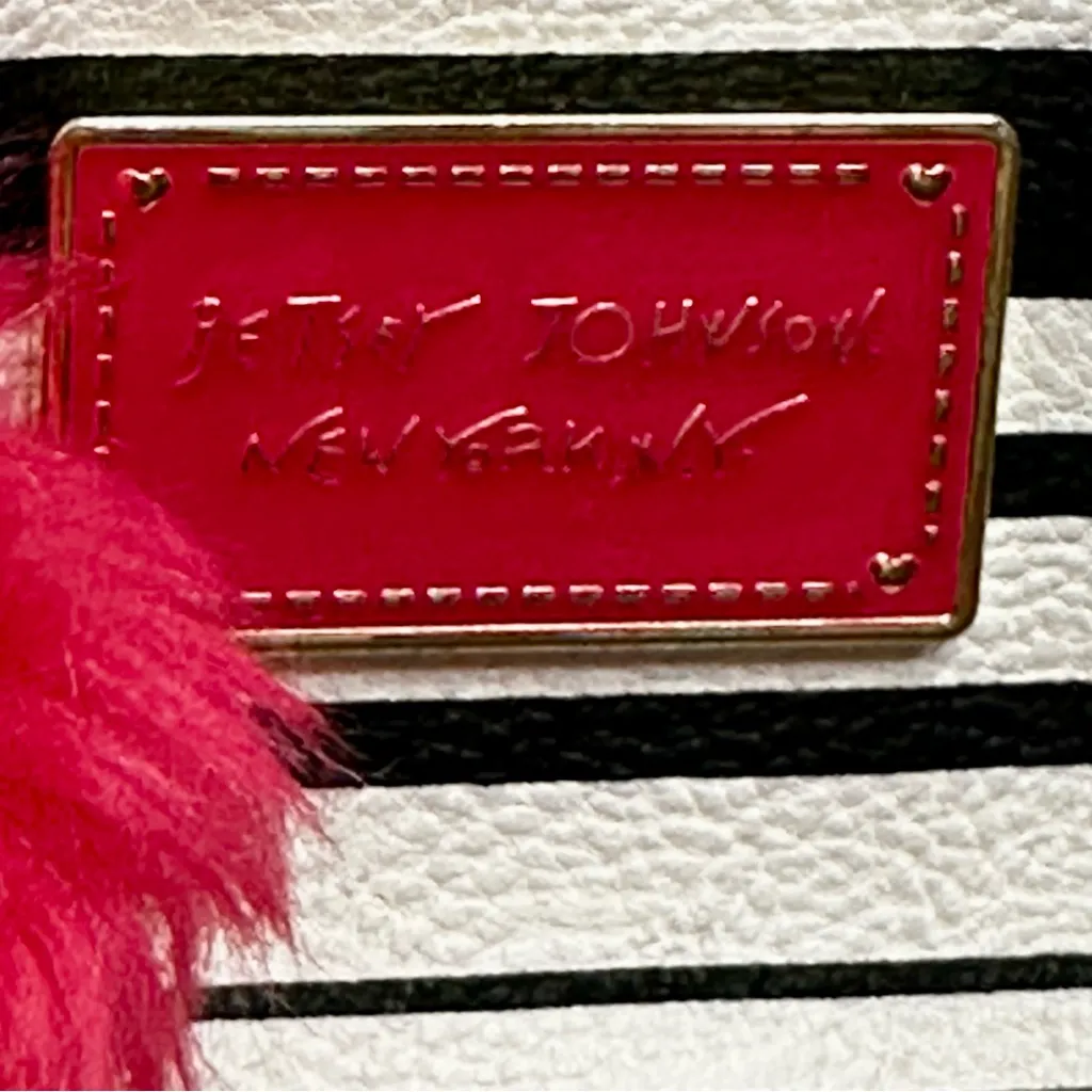 Betsey Johnson Black and White Striped Tote Bag Hot Pink Pom Y2K Travel Classic - Image 6