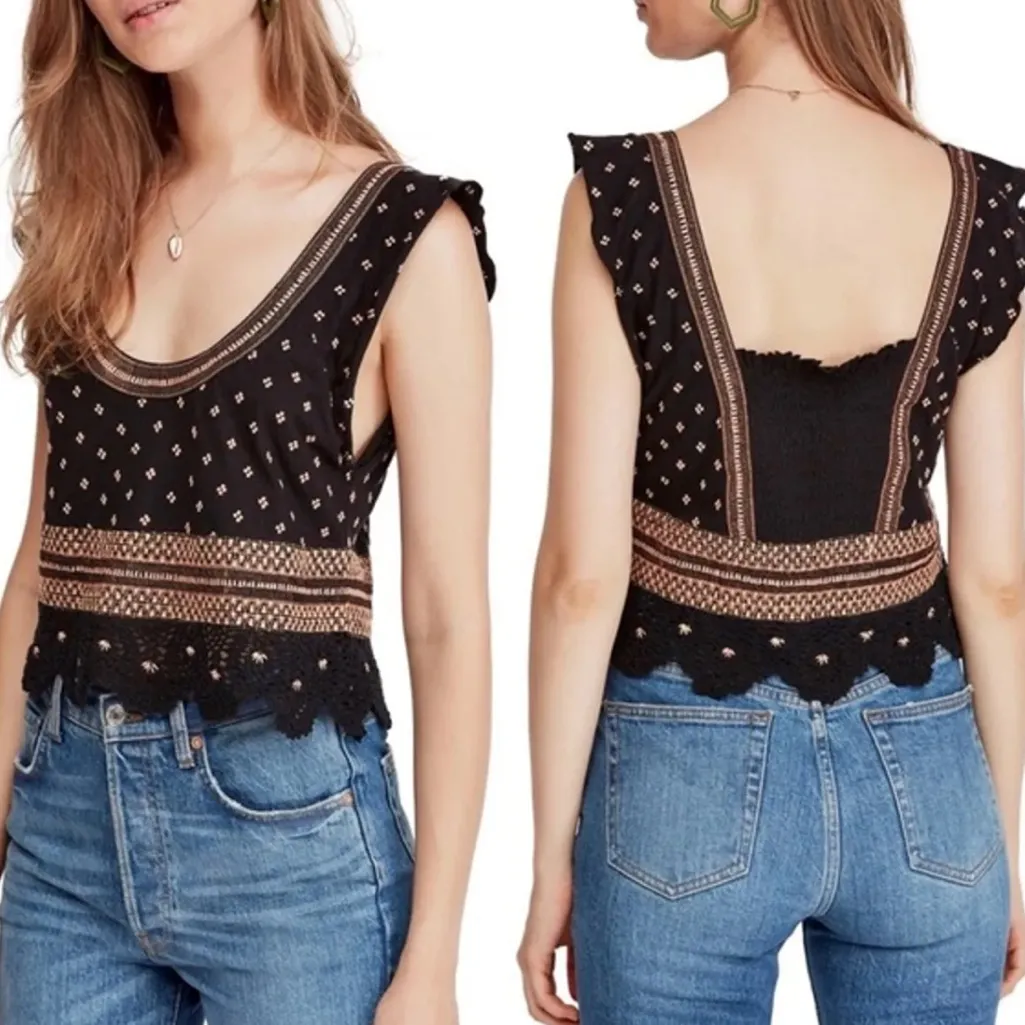 Free People Santorini Embroidered Top blouse cropped floral cotton black brown M - Image 4